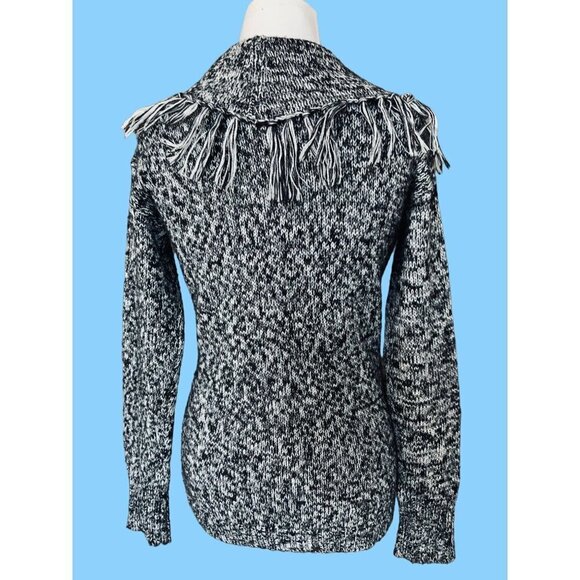 JONES NEW YORK SPORT LADIES LS  BLACK WHITE HERRINGBONE TASSELED SWEATER EUC S - Picture 9 of 9